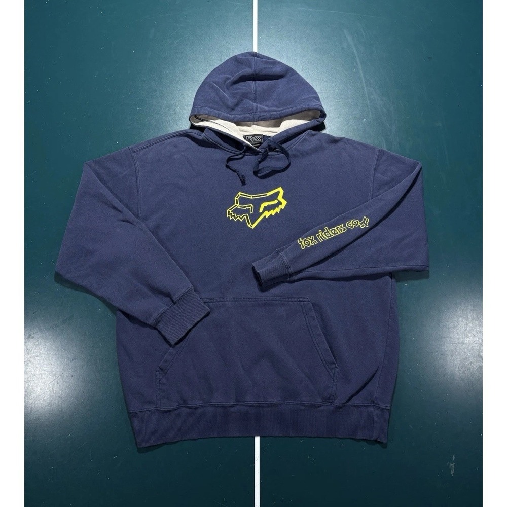 Vintage Fox Racing Hoodie Sweatshirt Mens XL Navy Blue Yellow Sleeve Hit Y2K 90s